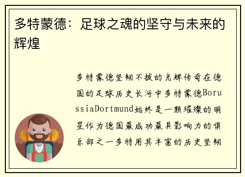 多特蒙德：足球之魂的坚守与未来的辉煌